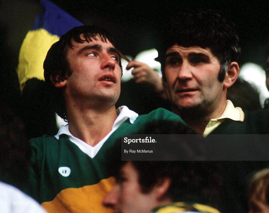 21 September 1986; Kerry manager Mick O'Dwyer, right, with Denis Ogie Moran after victory over Tyrone in the All-Ireland Senior Football Championship final between Kerry and Tyrone in Croke Park, Dublin. Photo by Ray McManus/Sportsfile