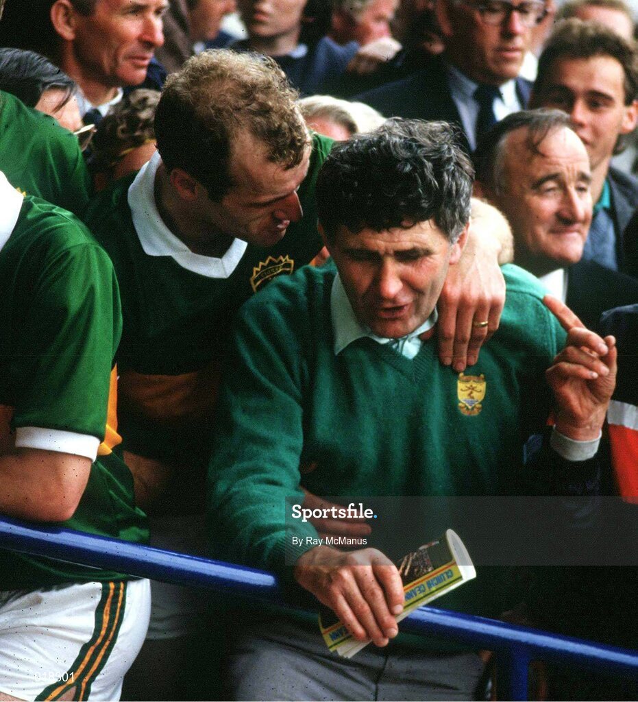 21 September 1986; Kerry manager Mick O'Dwyer celebrates with Jack O'Shea after victory over Tyrone in the All-Ireland Senior Football Championship final between Kerry and Tyrone in Croke Park, Dublin. Photo by Ray McManus/Sportsfile