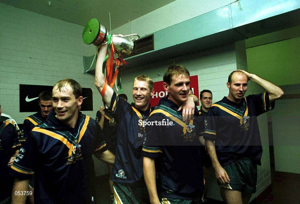 October 1999; Finbarr Cullen, Graham Geraghty, Darren Fay Brian Stynes after the game. Ireland v Australia Ireland's 2nd Test, Football Park, Adelaide. International Rules. Picture credit; Ray McManus/SPORTSFILE