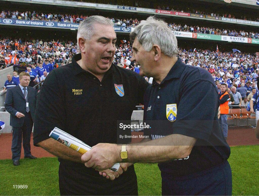 3 August 2003; Armagh manager Joe Kernan shakes hands with Laois manager Mick O'Dwyer after the final whistle. Bank of Ireland All-Ireland Senior Football Championship Quarter Final, Laois v Armagh, Croke Park, Dublin. Picture credit; Brendan Moran / SPORTSFILE *EDI*