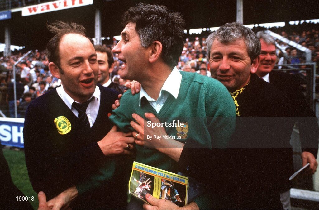 21 September 1986; Kerry manager Mick O'Dwyer, centre, is congratulated by fans after the final whistle in the All-Ireland Senior Football Championship final between Kerry and Tyrone in Croke Park, Dublin. Photo by Ray McManus/Sportsfile