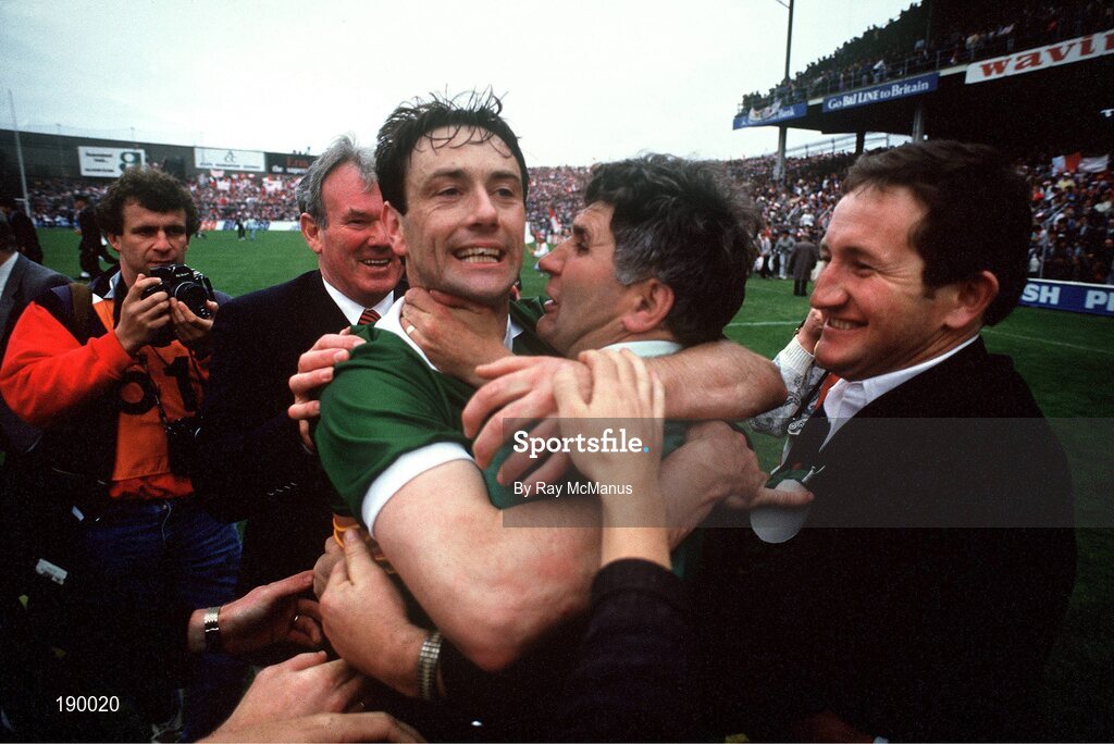 21 September 1986; Kerry captain Tommy Doyle celebrates with manager Mick O'Dwyer after the final whistle in the All-Ireland Senior Football Championship final between Kerry and Tyrone in Croke Park, Dublin. Photo by Ray McManus/Sportsfile