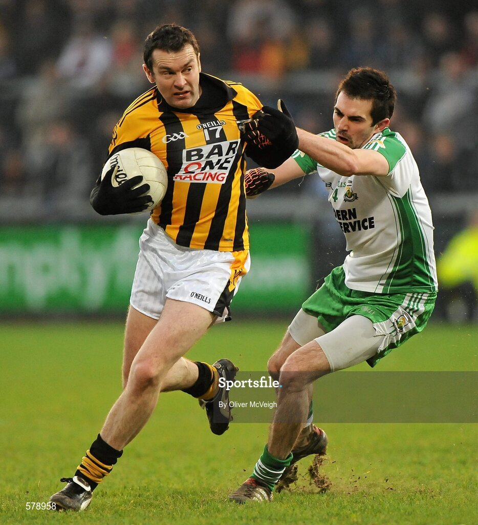 27 November 2011; Oisin McConville, Crossmaglen Rangers, in action against Gerard McCartan, Burren St Mary's. AIB Ulster GAA Football Senior Club Championship Final, Crossmaglen Rangers v Burren St Mary's, Morgan Athletic Grounds, Armagh. Picture credit: Oliver McVeigh / SPORTSFILE