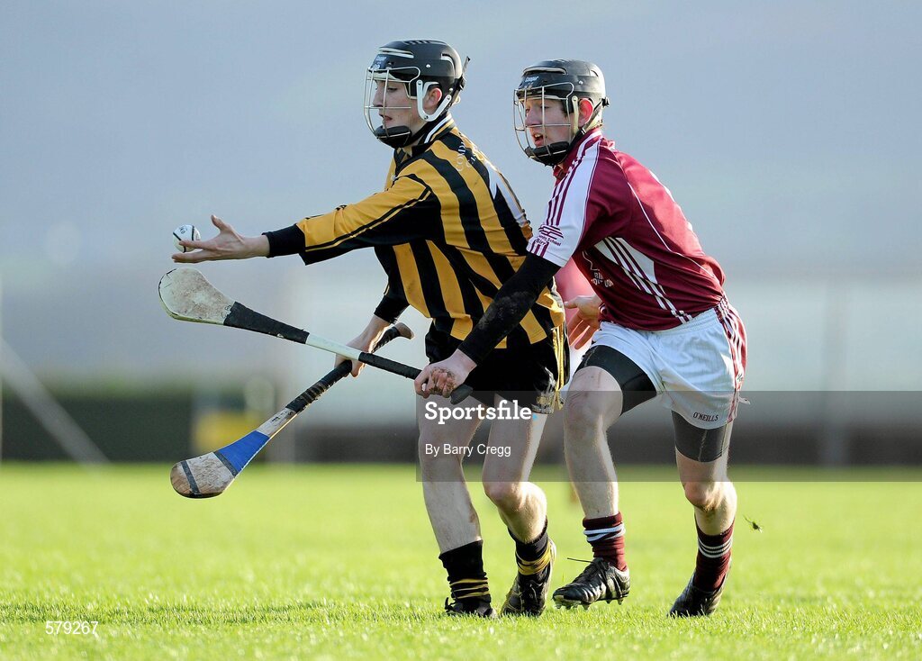 1 December 2011; Adrian Farrell, Castlecomer CS, in action against Conor Fitzgerald, St. Brendan’s Birr. Leinster Colleges Senior Hurling “A” League Semi Final, St. Brendan’s Birr, Offaly,  v Castlecomer CS, Kilkenny, Park Ratheniska GAA Grounds, Ratheniska, Co. Laois. Picture credit: Barry Cregg / SPORTSFILE