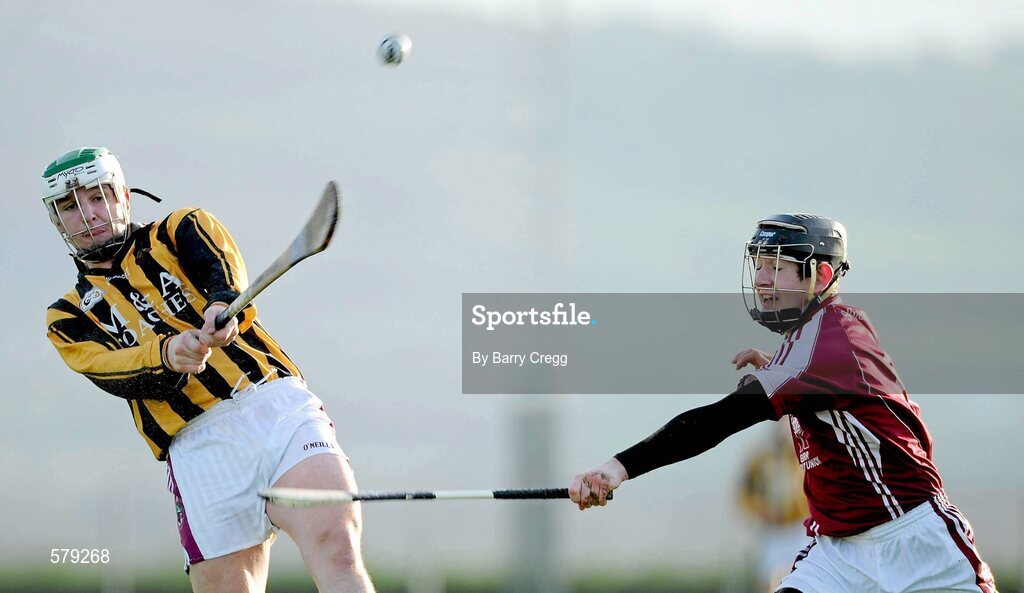 1 December 2011; Charles Dwyer, Castlecomer CS, in action against Conor Fitzgerald, St. Brendan’s Birr. Leinster Colleges Senior Hurling “A” League Semi Final, St. Brendan’s Birr, Offaly, v Castlecomer CS, Kilkenny, Park Ratheniska GAA Grounds, Ratheniska, Co. Laois. Picture credit: Barry Cregg / SPORTSFILE