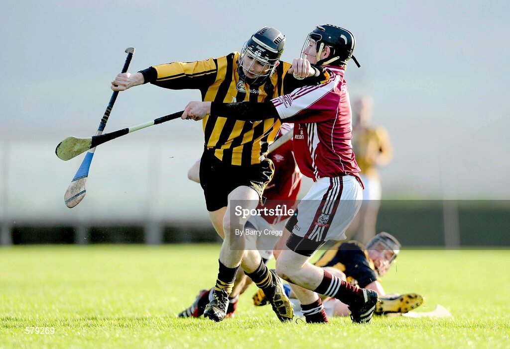 1 December 2011; Adrian Farrell, Castlecomer CS, in action against Conor Fitzgerald, St. Brendan’s Birr. Leinster Colleges Senior Hurling “A” League Semi Final, St. Brendan’s Birr, Offaly, v Castlecomer CS, Kilkenny, Park Ratheniska GAA Grounds, Ratheniska, Co. Laois. Picture credit: Barry Cregg / SPORTSFILE