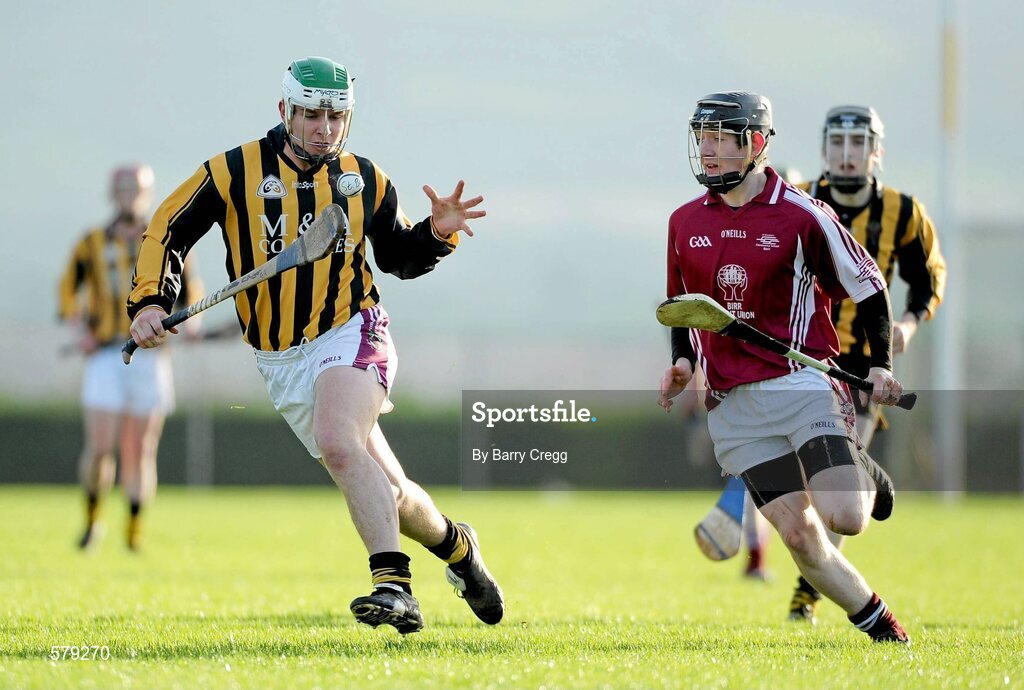 1 December 2011; Charles Dwyer, Castlecomer CS, in action against Conor Fitzgerald, St. Brendan’s Birr. Leinster Colleges Senior Hurling “A” League Semi Final, St. Brendan’s Birr, Offaly, v Castlecomer CS, Kilkenny, Park Ratheniska GAA Grounds, Ratheniska, Co. Laois. Picture credit: Barry Cregg / SPORTSFILE