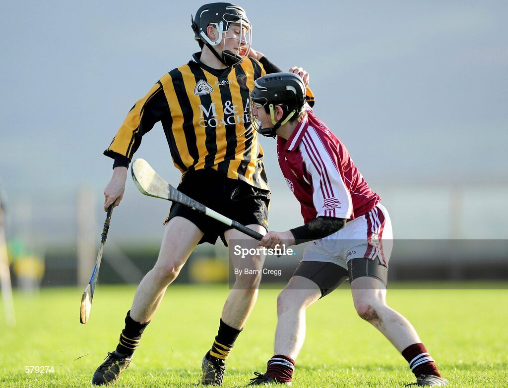 1 December 2011; Adrian Farrell, Castlecomer CS, in action against Conor Fitzgerald, St. Brendan’s Birr. Leinster Colleges Senior Hurling “A” League Semi Final, St. Brendan’s Birr, Offaly, v Castlecomer CS, Kilkenny, Park Ratheniska GAA Grounds, Ratheniska, Co. Laois. Picture credit: Barry Cregg / SPORTSFILE