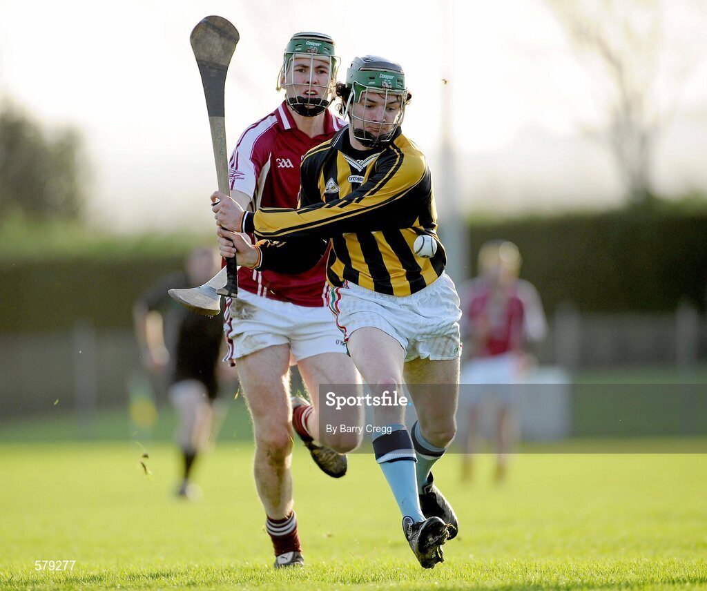 1 December 2011; Luke Maher, Castlecomer CS, in action against Eoin Hayes, St. Brendan’s Birr. Leinster Colleges Senior Hurling “A” League Semi Final, St. Brendan’s Birr, Offaly, v Castlecomer CS, Kilkenny, Park Ratheniska GAA Grounds, Ratheniska, Co. Laois. Picture credit: Barry Cregg / SPORTSFILE