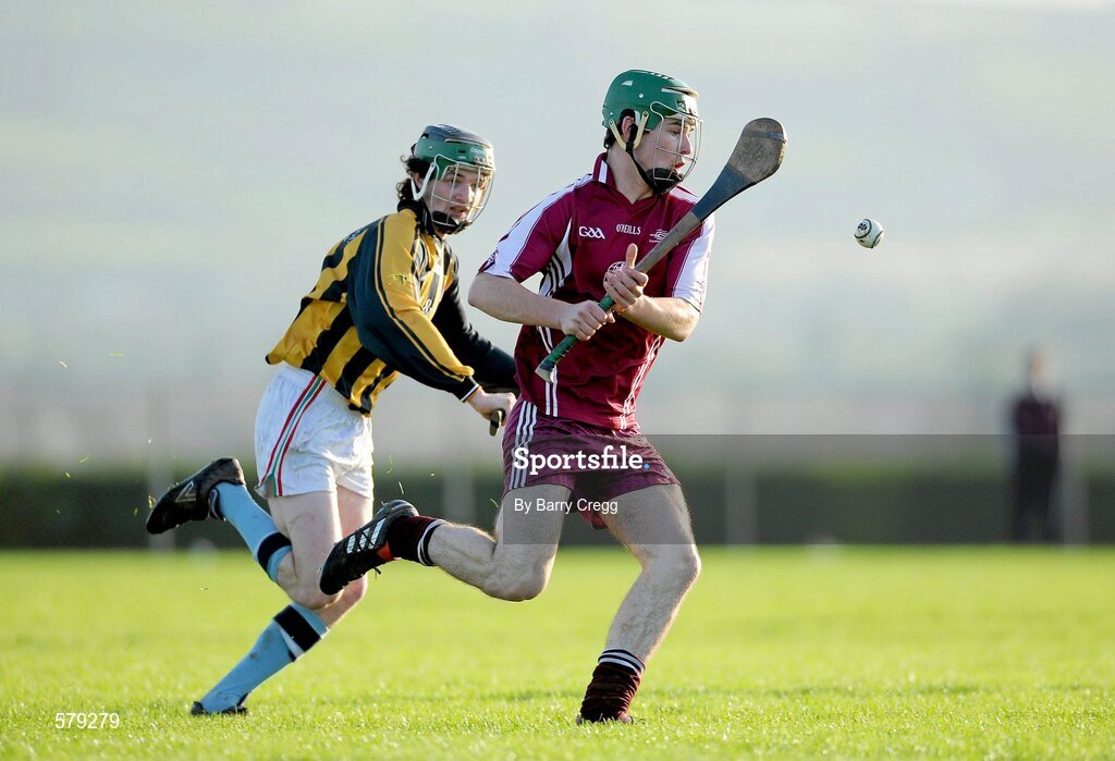 1 December 2011; Seamus O'Connor, St. Brendan’s Birr, in action against Luke Maher, Castlecomer CS. Leinster Colleges Senior Hurling “A” League Semi Final, St. Brendan’s Birr, Offaly, v Castlecomer CS, Kilkenny, Park Ratheniska GAA Grounds, Ratheniska, Co. Laois. Picture credit: Barry Cregg / SPORTSFILE