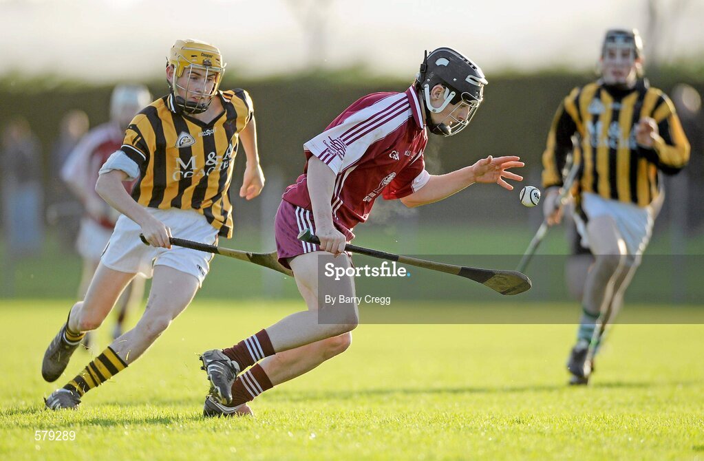 1 December 2011; Sean T O'Connor, St. Brendan’s Birr, in action against Philly Cass, Castlecomer CS. Leinster Colleges Senior Hurling “A” League Semi Final, St. Brendan’s Birr, Offaly, v Castlecomer CS, Offaly, Park Ratheniska GAA Grounds, Ratheniska, Co. Laois. Picture credit: Barry Cregg / SPORTSFILE
