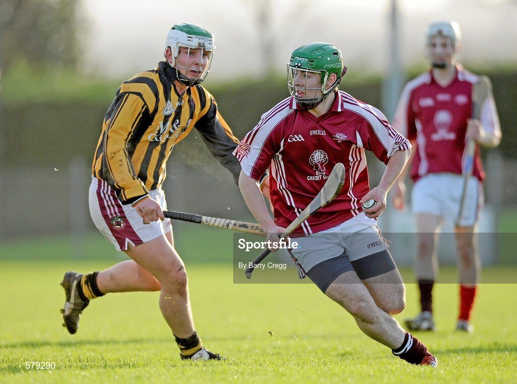 1 December 2011; Kevin Donovan, St. Brendan’s Birr, in action against Charles Dwyer, Castlecomer CS. Leinster Colleges Senior Hurling “A” League Semi Final, St. Brendan’s Birr, Offaly, v Castlecomer CS, Kilkenny, Park Ratheniska GAA Grounds, Ratheniska, Co. Laois. Picture credit: Barry Cregg / SPORTSFILE