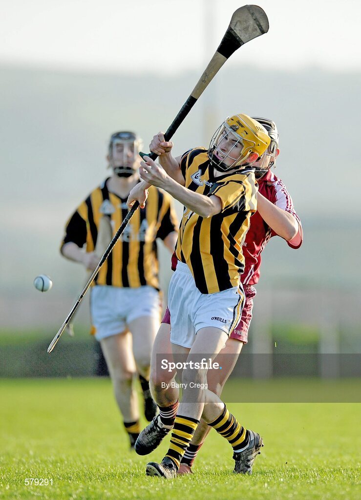 1 December 2011; Philly Cass, Castlecomer CS, in action against Sean T O'Connor, St. Brendan’s Birr. Leinster Colleges Senior Hurling “A” League Semi Final, St. Brendan’s Birr, Offaly, v Castlecomer CS, Kilkenny, Park Ratheniska GAA Grounds, Ratheniska, Co. Laois. Picture credit: Barry Cregg / SPORTSFILE