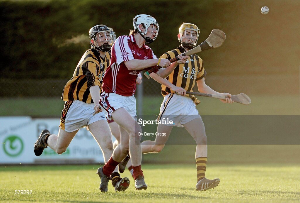 1 December 2011; Emmett Nolan, St. Brendan’s Birr, in action against Sean McDermott, Castlecomer CS. Leinster Colleges Senior Hurling “A” League Semi Final, St. Brendan’s Birr, Offaly, v Castlecomer CS, Kilkenny, Park Ratheniska GAA Grounds, Ratheniska, Co. Laois. Picture credit: Barry Cregg / SPORTSFILE