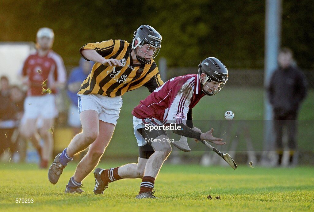 1 December 2011; Conor Fitzgerald, St. Brendan’s Birr, in action against Ciaran Brennan, Castlecomer CS. Leinster Colleges Senior Hurling “A” League Semi Final, St. Brendan’s Birr, Offaly, v Castlecomer CS, Kilkenny, Park Ratheniska GAA Grounds, Ratheniska, Co. Laois. Picture credit: Barry Cregg / SPORTSFILE