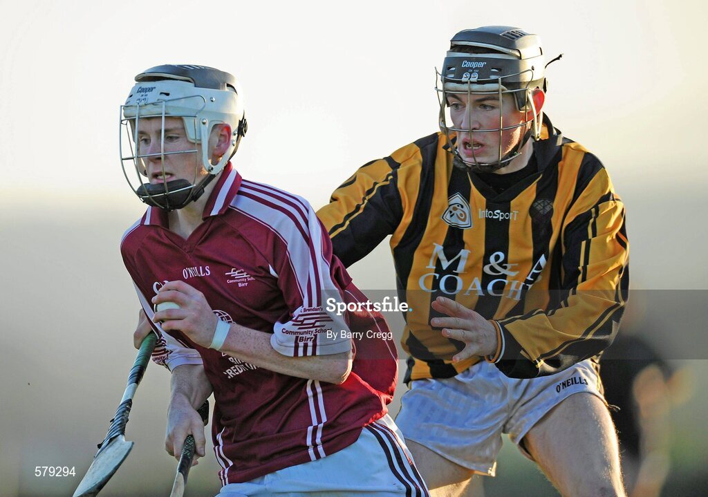 1 December 2011; Darragh Cleary, St. Brendan’s Birr, in action against Padraic Delaney, Castlecomer CS. Leinster Colleges Senior Hurling “A” League Semi Final, St. Brendan’s Birr, Offaly, v Castlecomer CS, Kilkenny, Park Ratheniska GAA Grounds, Ratheniska, Co. Laois. Picture credit: Barry Cregg / SPORTSFILE