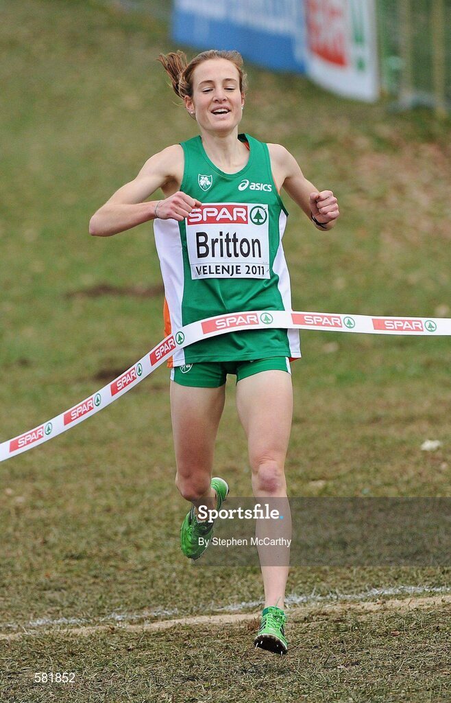 11 December 2011; Fionnuala Britton, Ireland, celebrates winning the Senior Women's event at the 18th SPAR European Cross Country Championships 2011. Velenje, Slovenia. Picture credit: Stephen McCarthy / SPORTSFILE