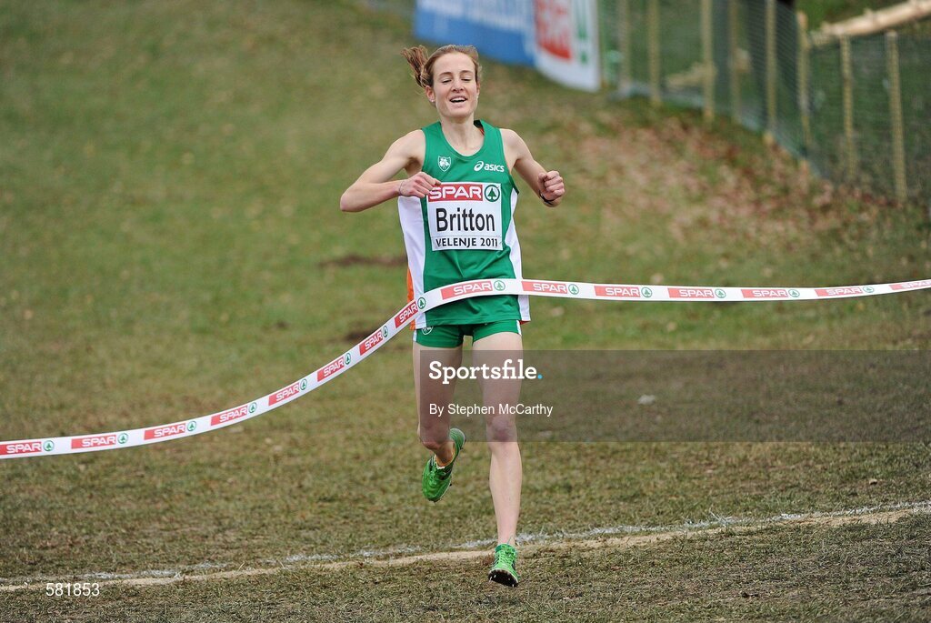 11 December 2011; Fionnuala Britton, Ireland, celebrates winning the Senior Women's event at the 18th SPAR European Cross Country Championships 2011. Velenje, Slovenia. Picture credit: Stephen McCarthy / SPORTSFILE