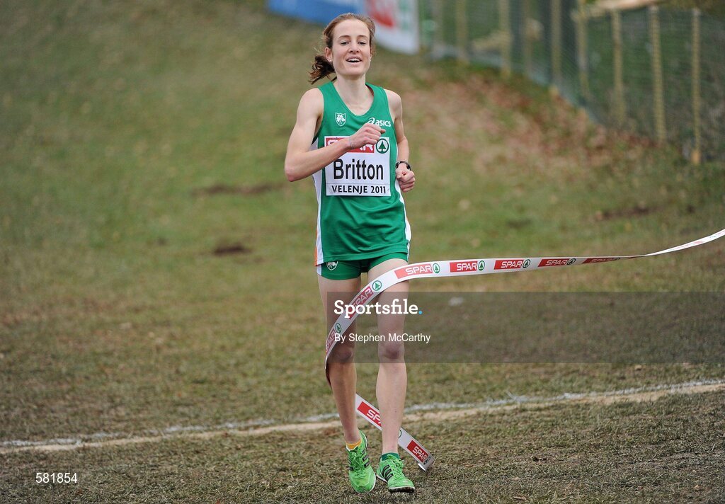 11 December 2011; Fionnuala Britton, Ireland, celebrates winning the Senior Women's event at the 18th SPAR European Cross Country Championships 2011. Velenje, Slovenia. Picture credit: Stephen McCarthy / SPORTSFILE