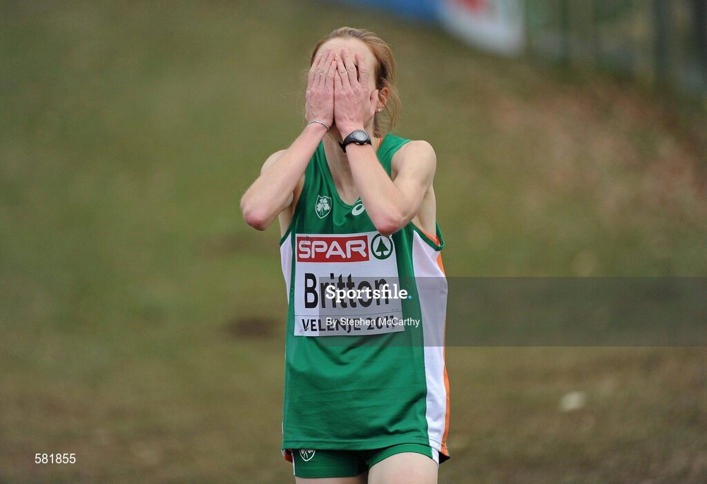 11 December 2011; Fionnuala Britton, Ireland, reacts after winning the Senior Women's event at the 18th SPAR European Cross Country Championships 2011. Velenje, Slovenia. Picture credit: Stephen McCarthy / SPORTSFILE