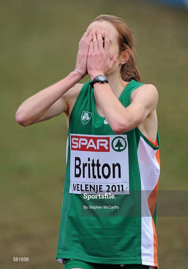 11 December 2011; Fionnuala Britton, Ireland, reacts after winning the Senior Women's event at the 18th SPAR European Cross Country Championships 2011. Velenje, Slovenia. Picture credit: Stephen McCarthy / SPORTSFILE