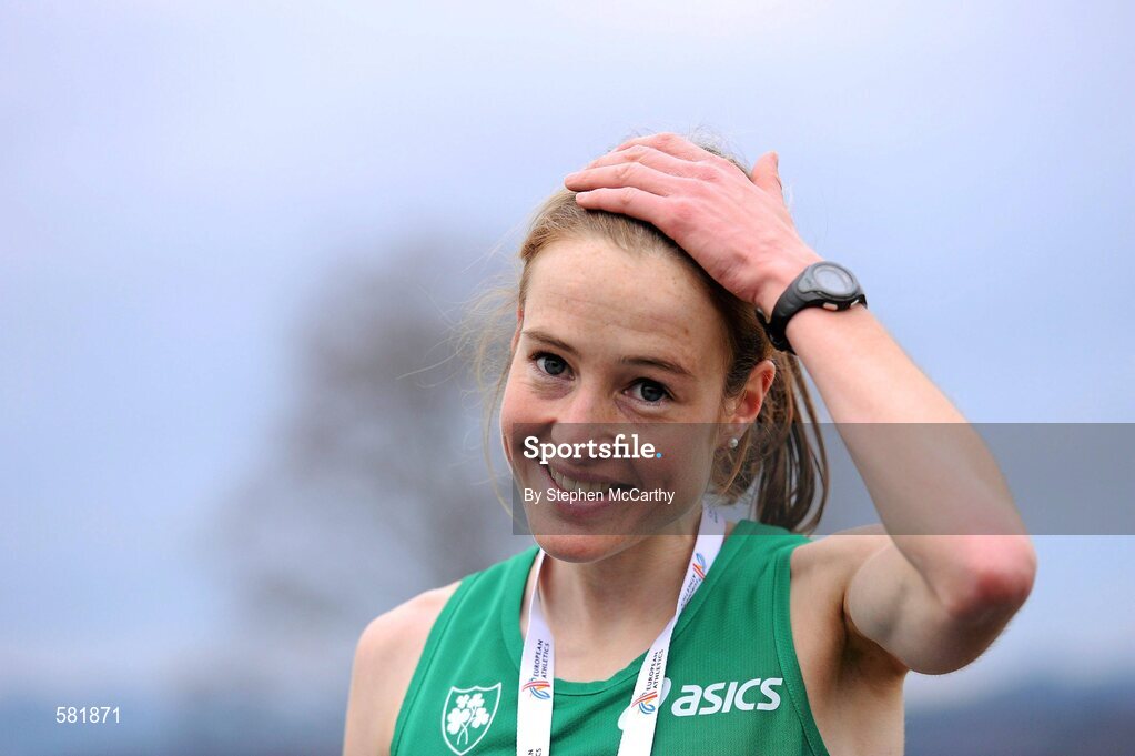 11 December 2011; Fionnuala Britton, Ireland, reacts after winning the Senior Women's event at the 18th SPAR European Cross Country Championships 2011. Velenje, Slovenia. Picture credit: Stephen McCarthy / SPORTSFILE