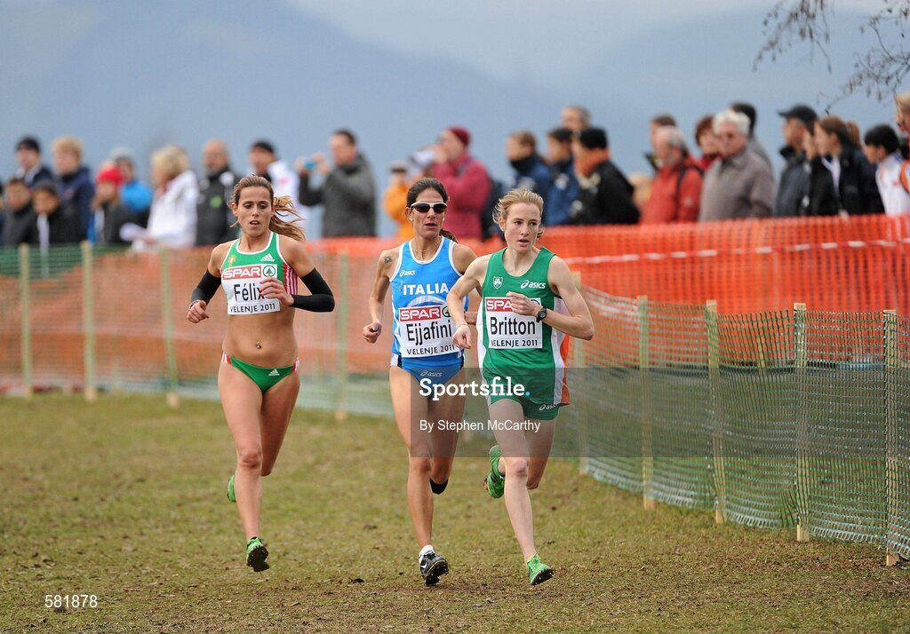 11 December 2011; Fionnuala Britton, Ireland, leads the field, including Nadia Ejjafini, Italy, and Dulce Felix, Portugal, left, on her way to winning the Senior Women's event at the 18th SPAR European Cross Country Championships 2011. Velenje, Slovenia. Picture credit: Stephen McCarthy / SPORTSFILE