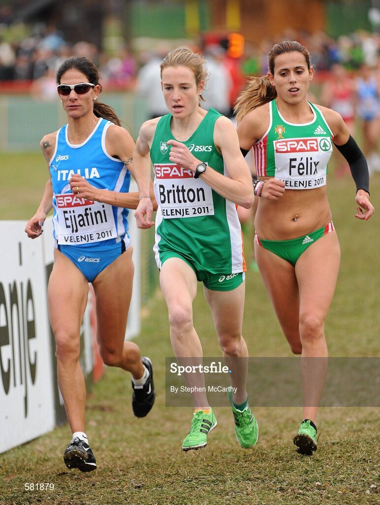 11 December 2011; Fionnuala Britton, Ireland, leads the field, including Nadia Ejjafini, Italy, and Dulce Felix, Portugal, right, on her way to winning the Senior Women's event at the 18th SPAR European Cross Country Championships 2011. Velenje, Slovenia. Picture credit: Stephen McCarthy / SPORTSFILE
