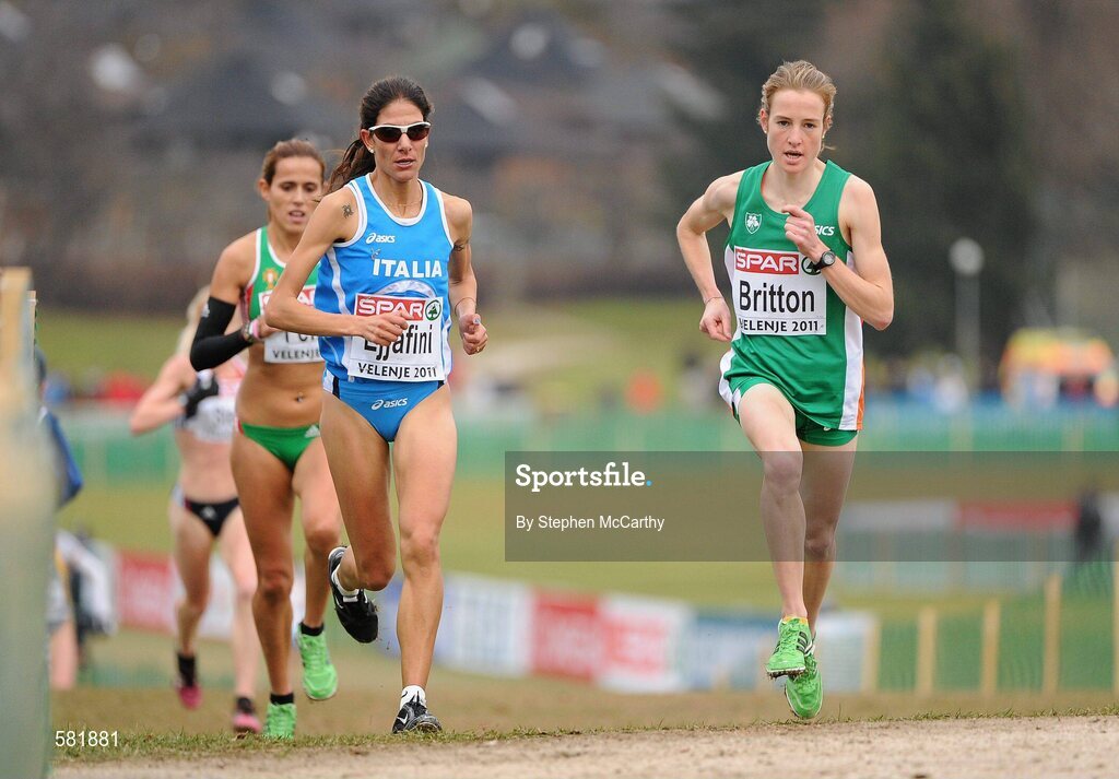 11 December 2011; Fionnuala Britton, Ireland, leads the field, including Nadia Ejjafini, Italy, and Dulce Felix, Portugal, left, on her way to winning the Senior Women's event at the 18th SPAR European Cross Country Championships 2011. Velenje, Slovenia. Picture credit: Stephen McCarthy / SPORTSFILE