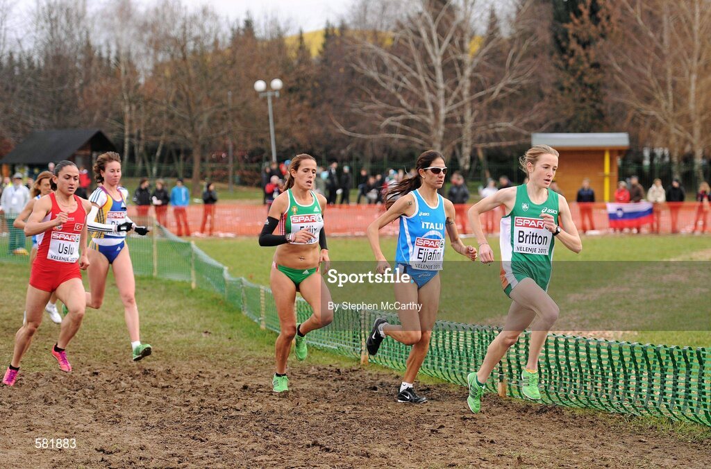 11 December 2011; Fionnuala Britton, Ireland, leads the field, including Nadia Ejjafini, Italy, and Dulce Felix, Portugal, on her way to winning the Senior Women's event at the 18th SPAR European Cross Country Championships 2011. Velenje, Slovenia. Picture credit: Stephen McCarthy / SPORTSFILE