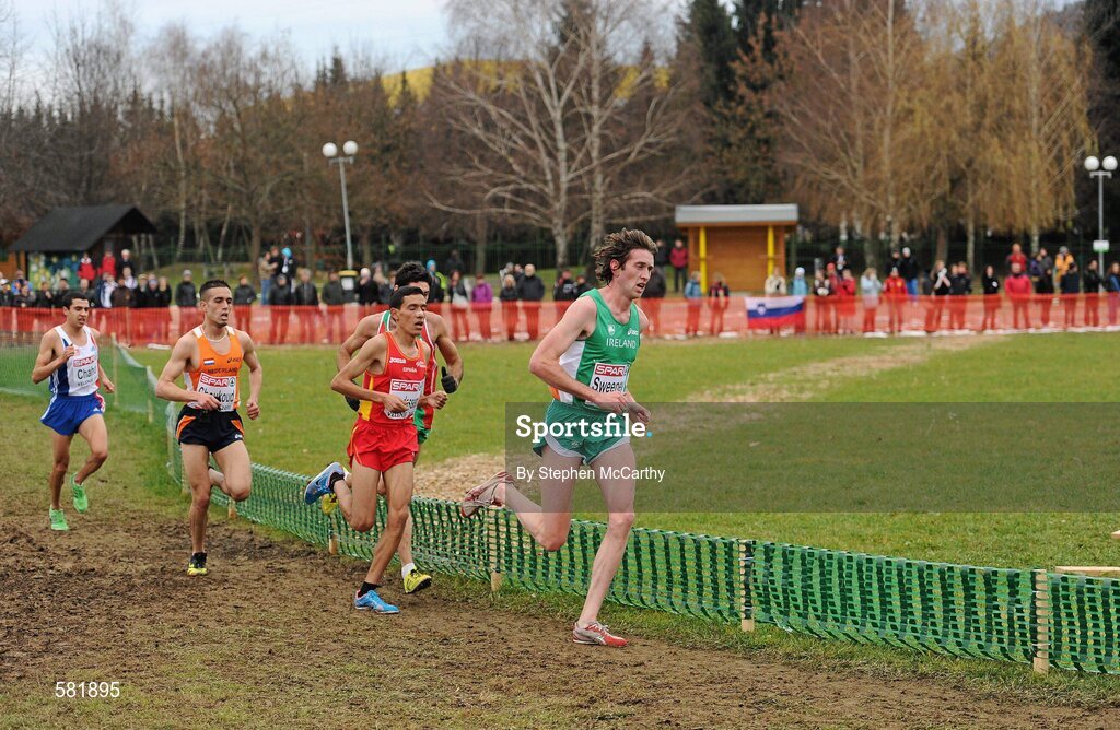 11 December 2011; Joseph Sweeney, Ireland, on his way to taking fifth place in the Senior Men's event at the 18th SPAR European Cross Country Championships 2011. Velenje, Slovenia. Picture credit: Stephen McCarthy / SPORTSFILE