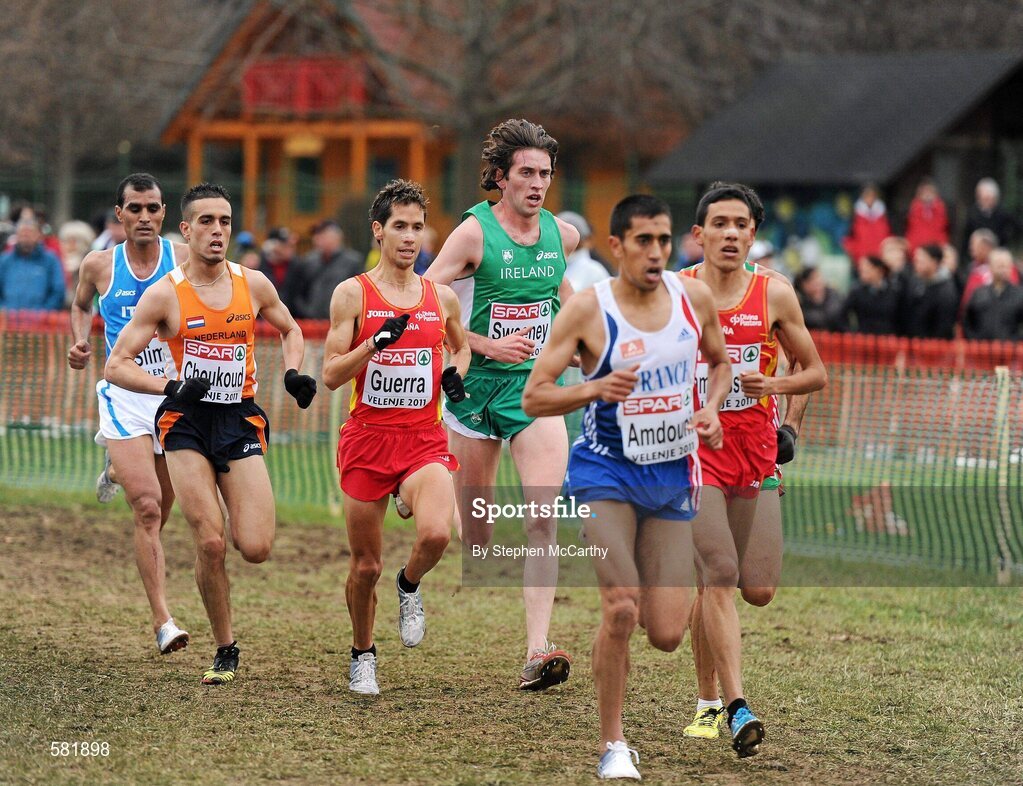 11 December 2011; Joseph Sweeney, Ireland, fourth from left, on his way to taking fifth place in the Senior Men's event at the 18th SPAR European Cross Country Championships 2011. Velenje, Slovenia. Picture credit: Stephen McCarthy / SPORTSFILE