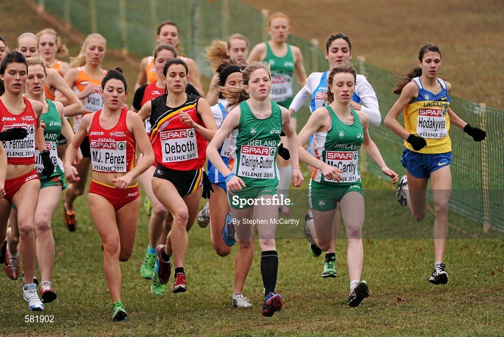 11 December 2011; Siofra Cleirigh-Buttner and Clare McCarthy, Ireland, take to the front early in the Junior Women's event at the 18th SPAR European Cross Country Championships 2011. Velenje, Slovenia. Picture credit: Stephen McCarthy / SPORTSFILE