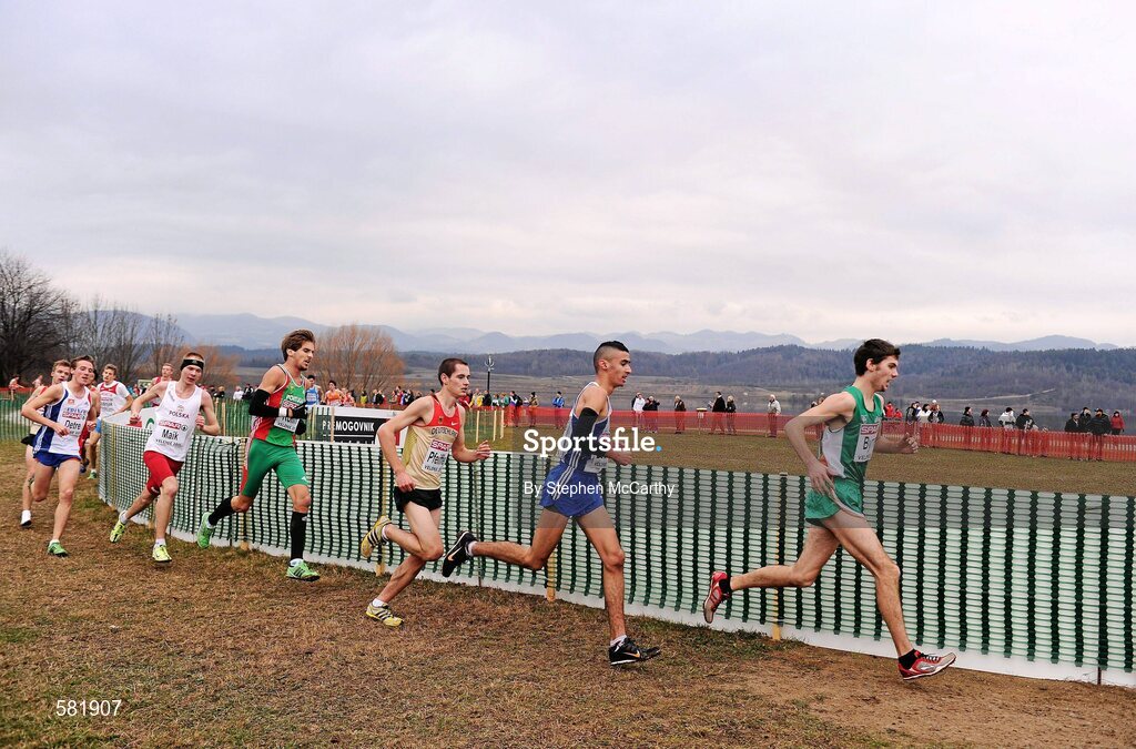 11 December 2011; Jake Byrne, Ireland, right, in action during the Junior Men's event at the 18th SPAR European Cross Country Championships 2011. Velenje, Slovenia. Picture credit: Stephen McCarthy / SPORTSFILE