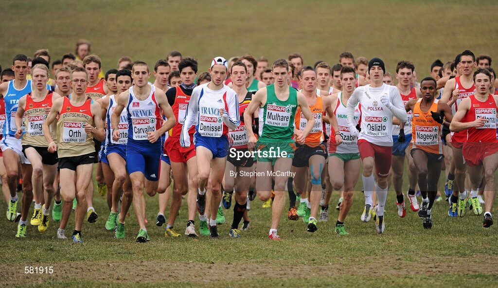 11 December 2011; Michael Mulhare, Ireland, races to the front from the start, during the Men's U23 event at the 18th SPAR European Cross Country Championships 2011. Velenje, Slovenia. Picture credit: Stephen McCarthy / SPORTSFILE