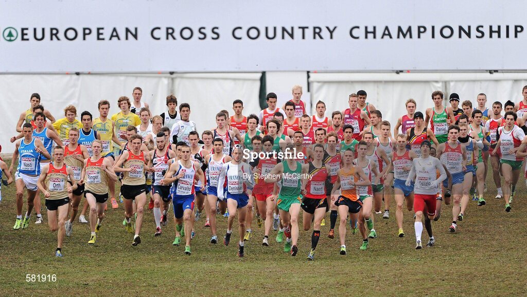 11 December 2011; Michael Mulhare, Ireland, centre, races to the front from the start, during the Men's U23 event at the 18th SPAR European Cross Country Championships 2011. Velenje, Slovenia. Picture credit: Stephen McCarthy / SPORTSFILE