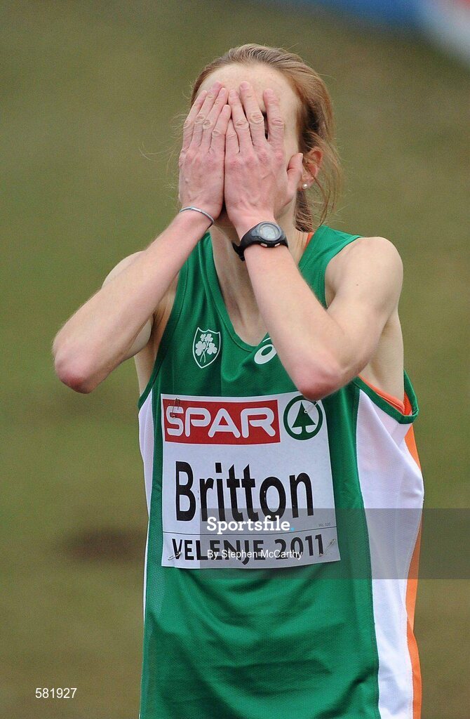 11 December 2011; Fionnuala Britton, Ireland, reacts after winning the Senior Women's event at the 18th SPAR European Cross Country Championships 2011. Velenje, Slovenia. Picture credit: Stephen McCarthy / SPORTSFILE
