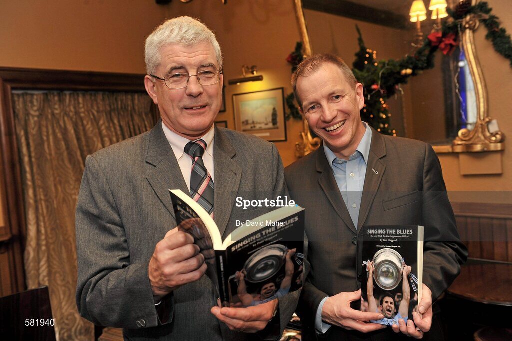11 December 2011; Paul Huggard, with former Dublin player, Bernard Brogan senior, pictured at the launch of 'Singing the Blues'. Hedigan's Pub, Glasnevin, Dublin. Picture credit: David Maher / SPORTSFILE