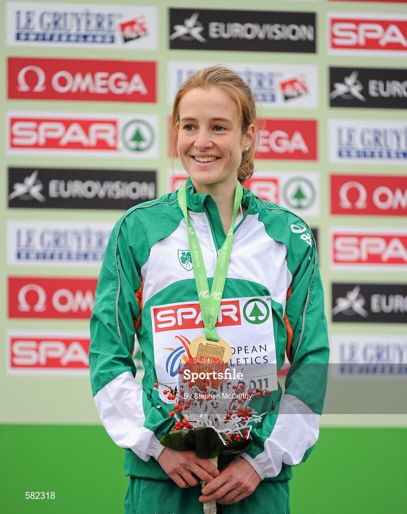 11 December 2011; Fionnuala Britton, Ireland, with her Senior Women's gold medal at the 18th SPAR European Cross Country Championships 2011. Velenje, Slovenia. Picture credit: Stephen McCarthy / SPORTSFILE