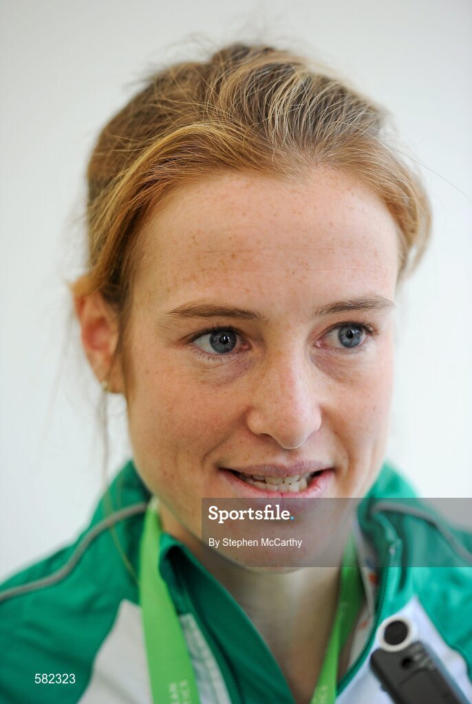 11 December 2011; Fionnuala Britton, Ireland, speaking after her Senior Women's event victory at the 18th SPAR European Cross Country Championships 2011. Velenje, Slovenia. Picture credit: Stephen McCarthy / SPORTSFILE