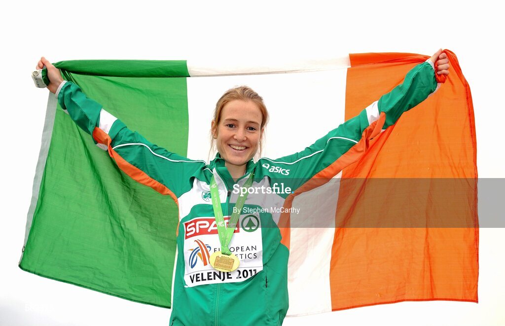 11 December 2011; Fionnuala Britton, Ireland, with her Senior Women's gold medal at the 18th SPAR European Cross Country Championships 2011. Velenje, Slovenia. Picture credit: Stephen McCarthy / SPORTSFILE