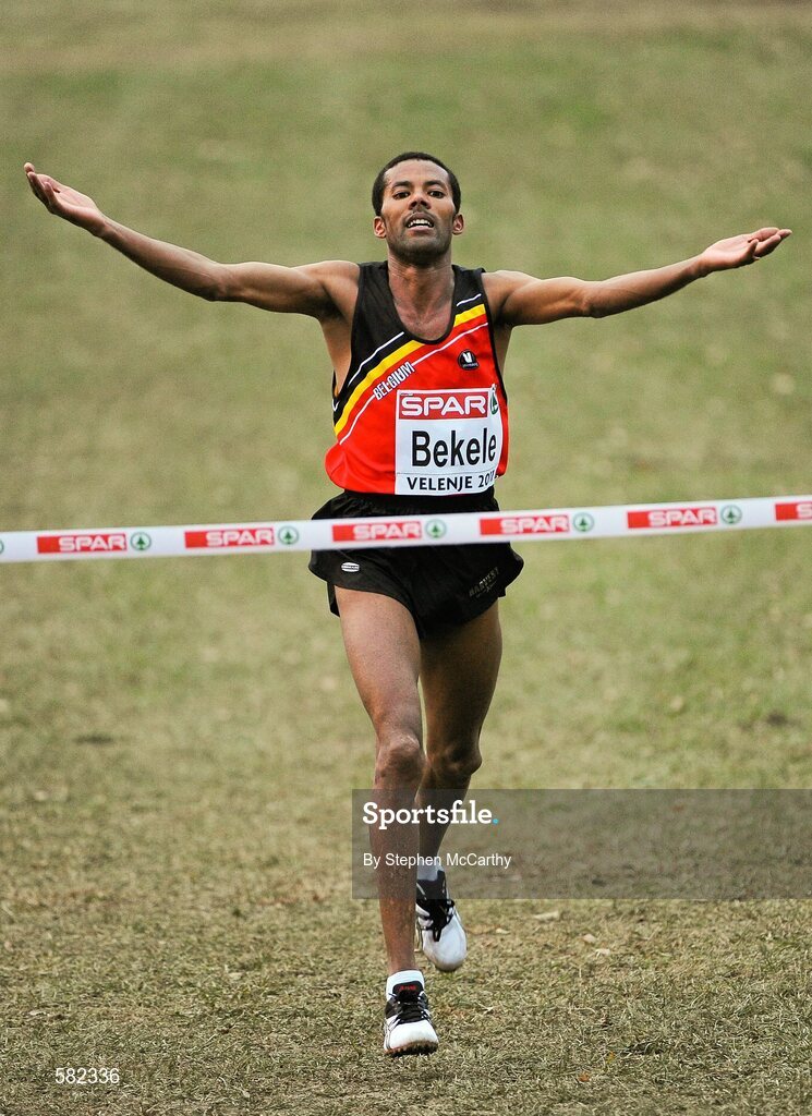 11 December 2011; Atelaw Yeshe Bekele, Belgium, celebrates his Senior Men's victory at the 18th SPAR European Cross Country Championships 2011. Velenje, Slovenia. Picture credit: Stephen McCarthy / SPORTSFILE