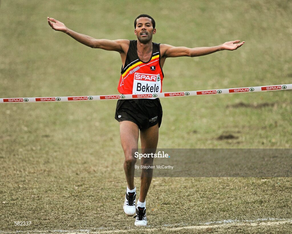 11 December 2011; Atelaw Yeshe Bekele, Belgium, celebrates his Senior Men's victory at the 18th SPAR European Cross Country Championships 2011. Velenje, Slovenia. Picture credit: Stephen McCarthy / SPORTSFILE