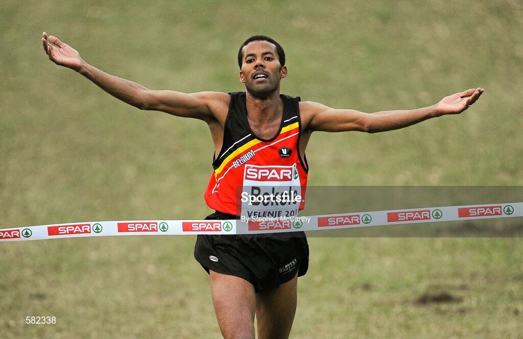 11 December 2011; Atelaw Yeshe Bekele, Belgium, celebrates his Senior Men's victory at the 18th SPAR European Cross Country Championships 2011. Velenje, Slovenia. Picture credit: Stephen McCarthy / SPORTSFILE
