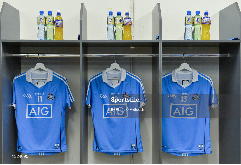 28 May 2017; A general view of the jerseys of, from left, Niall McMorrow, David Treacy and Dónal Burke in the Dublin dressing room before the Leinster GAA Hurling Senior Championship Quarter-Final match between Galway and Dublin at O'Connor Park, in Tullamore, Co. Offaly.  Photo by Piaras Ó Mídheach/Sportsfile
