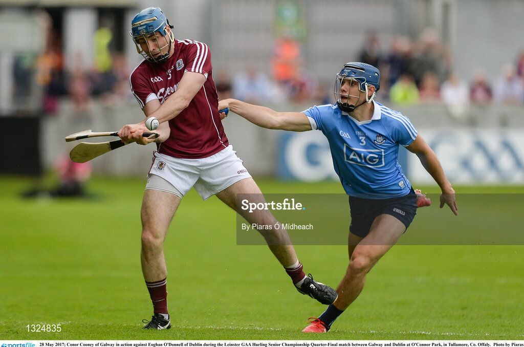 28 May 2017; Conor Cooney of Galway in action against Eoghan O'Donnell of Dublin during the Leinster GAA Hurling Senior Championship Quarter-Final match between Galway and Dublin at O'Connor Park, in Tullamore, Co. Offaly.  Photo by Piaras Ó Mídheach/Sportsfile