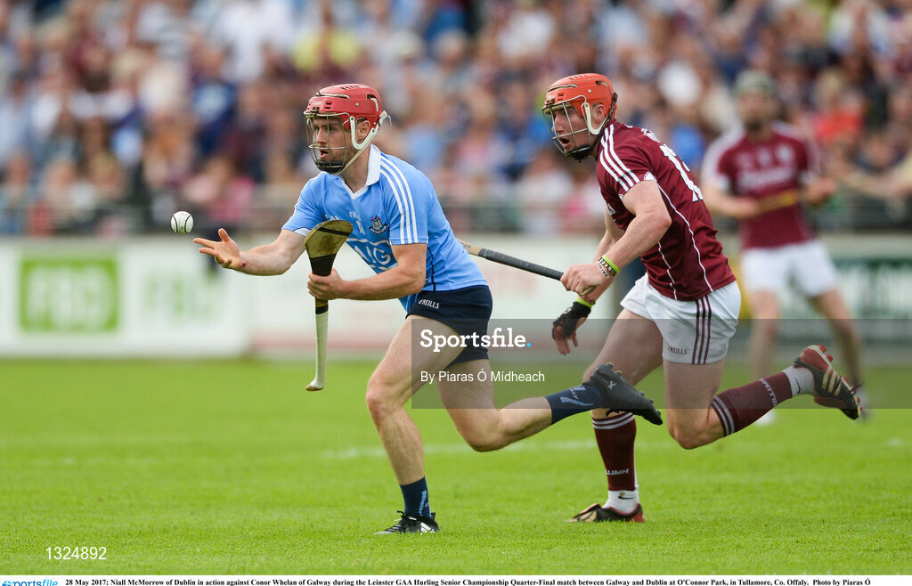 28 May 2017; Niall McMorrow of Dublin in action against Conor Whelan of Galway during the Leinster GAA Hurling Senior Championship Quarter-Final match between Galway and Dublin at O'Connor Park, in Tullamore, Co. Offaly.  Photo by Piaras Ó Mídheach/Sportsfile