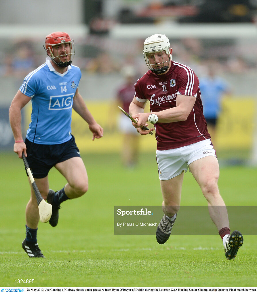 28 May 2017; Joe Canning of Galway shoots under pressure from Ryan O'Dwyer of Dublin during the Leinster GAA Hurling Senior Championship Quarter-Final match between Galway and Dublin at O'Connor Park, in Tullamore, Co. Offaly.  Photo by Piaras Ó Mídheach/Sportsfile