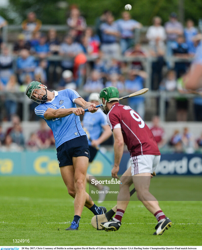 28 May 2017; Chris Crummey of Dublin in action against David Burke of Galway during the Leinster GAA Hurling Senior Championship Quarter-Final match between Galway and Dublin at O'Connor Park, in Tullamore, Co. Offaly. Photo by Daire Brennan/Sportsfile