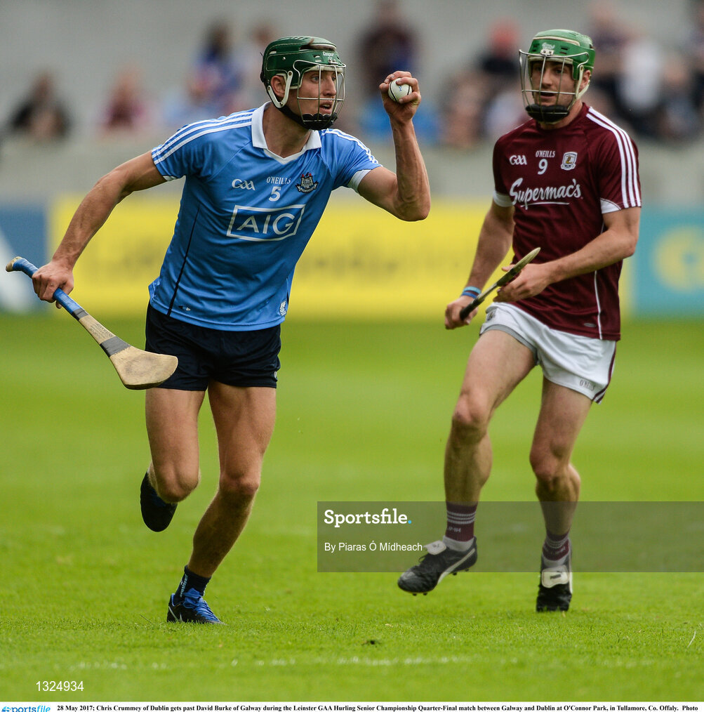 28 May 2017; Chris Crummey of Dublin gets past David Burke of Galway during the Leinster GAA Hurling Senior Championship Quarter-Final match between Galway and Dublin at O'Connor Park, in Tullamore, Co. Offaly.  Photo by Piaras Ó Mídheach/Sportsfile